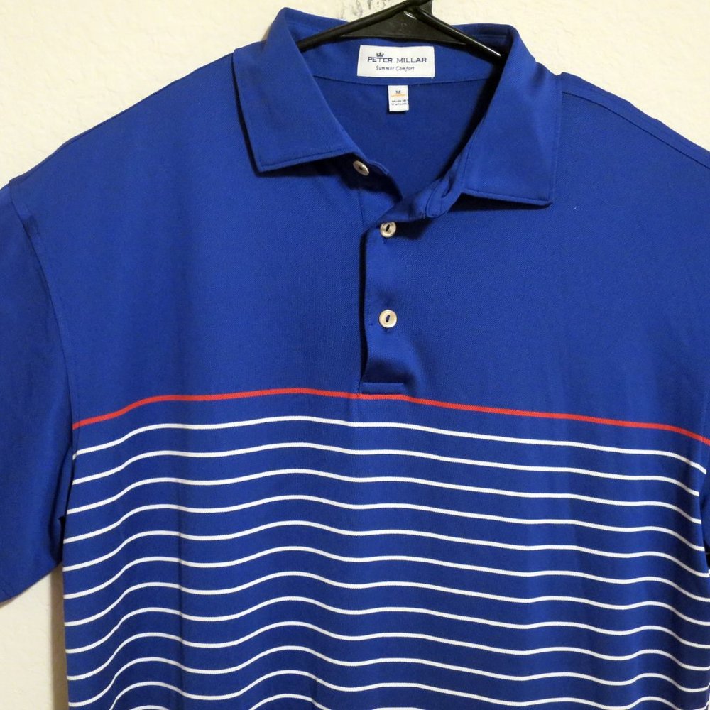 Peter Millar Shirt Mens Medium Summer Comfort Short Sleeve Golf Polo Blue White